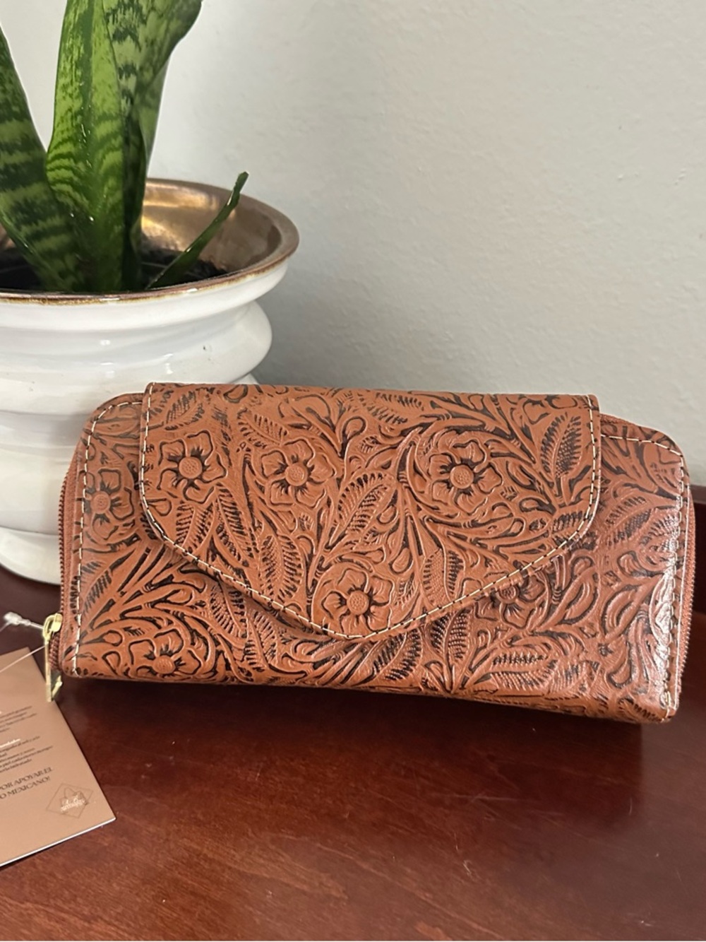Tooled Floral Leather Wallet - Brown
